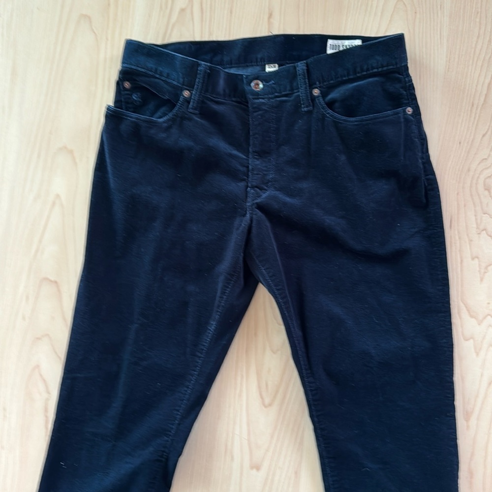 Todd Snyder Corduroy Pants in Navy, waist 32, pants have been hemmed.